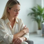 Femme dans une salle d'attente dermatologique inspectant des piqûres de puces sur son avant-bras
