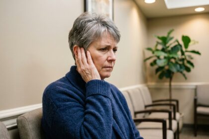 Femme d'une cinquantaine d'années dans une salle d'attente médicale tenant son oreille avec une expression préoccupée