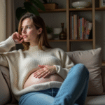 Femme pensant dans un salon chaleureux et cosy