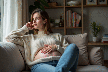 Femme pensant dans un salon chaleureux et cosy