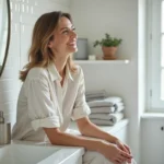 Femme regardant son reflet dans un miroir dans la salle de bain