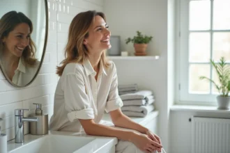 Femme regardant son reflet dans un miroir dans la salle de bain