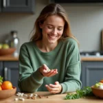 Femme souriante avec capsules dherbes dans une cuisine