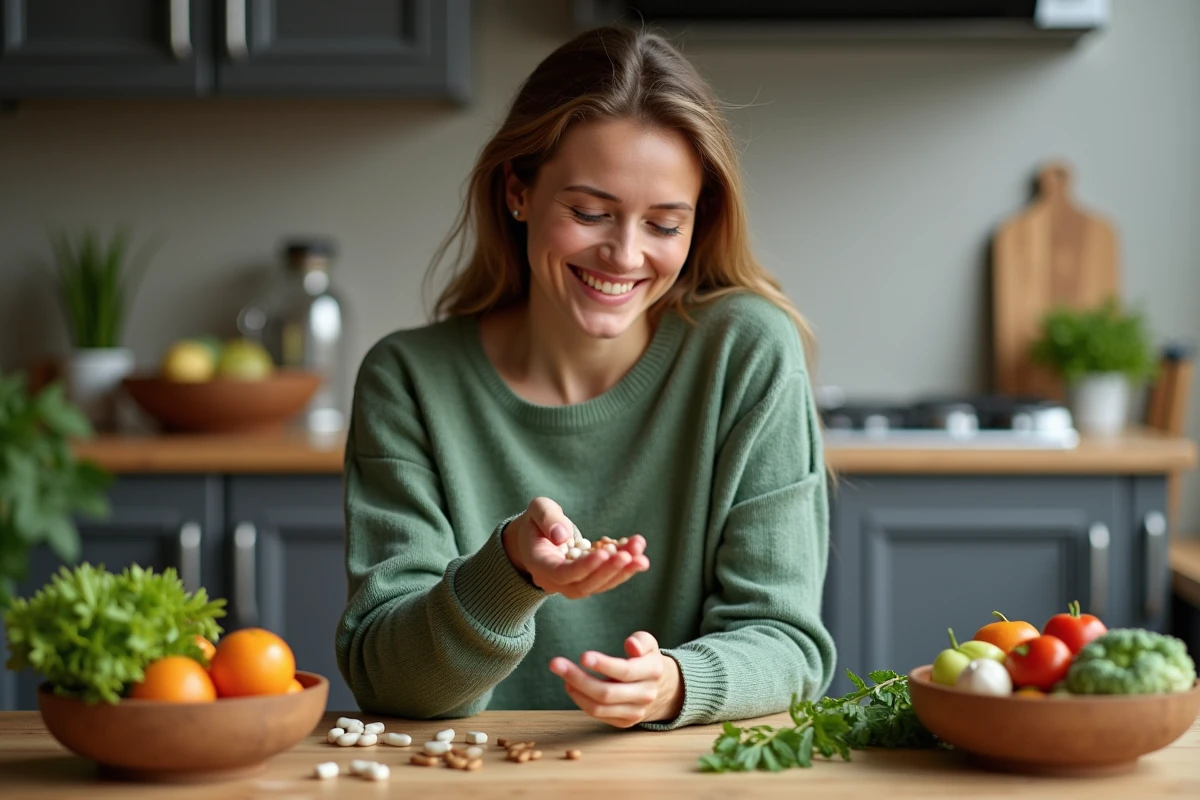 Femme souriante avec capsules dherbes dans une cuisine