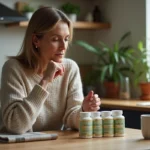 Femme réfléchissant à des compléments omega 369