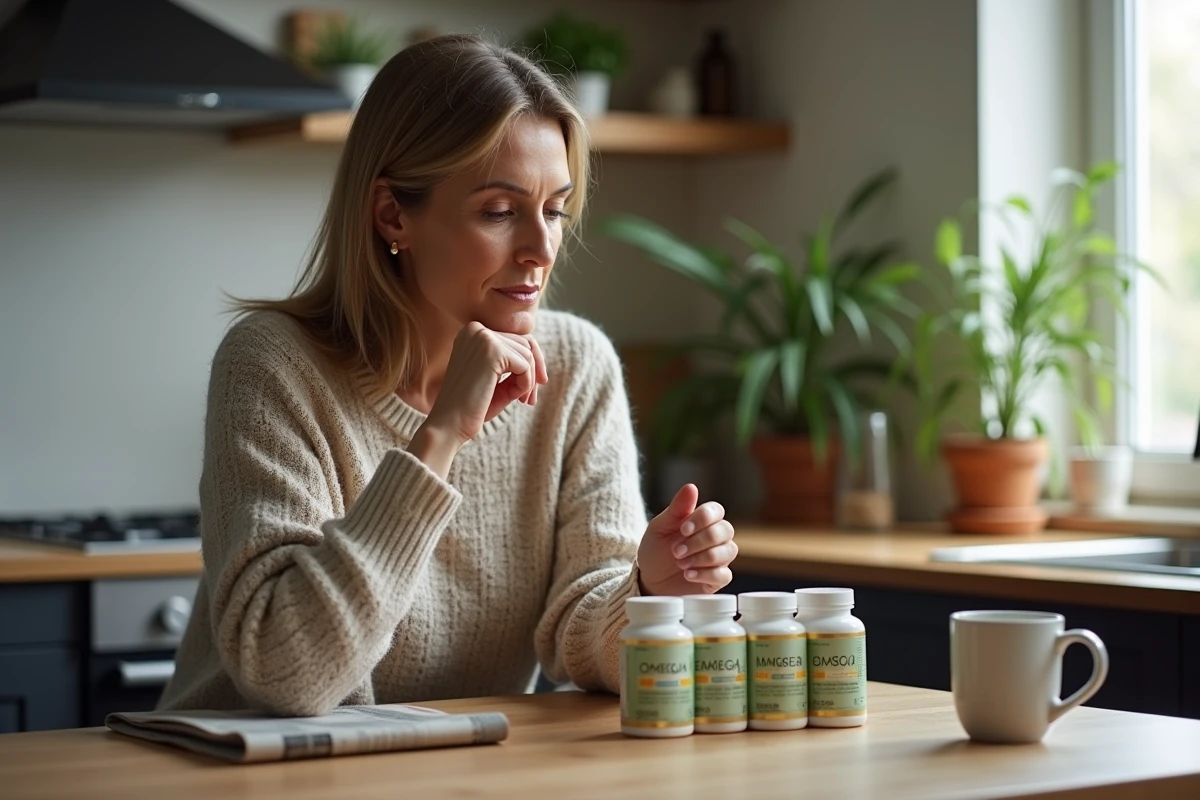 Femme réfléchissant à des compléments omega 369