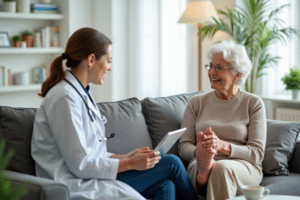 Femme senior se faisant masser les pieds avec un médecin dans un salon lumineux
