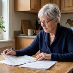 Femme senior de 68 ans consultant des documents de complémentaire santé à sa table de cuisine