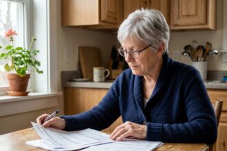 Femme senior de 68 ans consultant des documents de complémentaire santé à sa table de cuisine