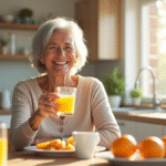 Femme senior souriante avec jus d'orange et vitamine B12