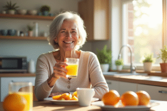 Femme senior souriante avec jus d'orange et vitamine B12