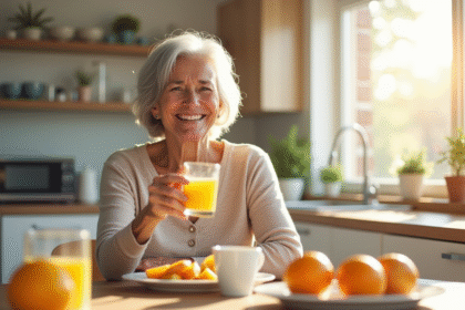 Femme senior souriante avec jus d'orange et vitamine B12