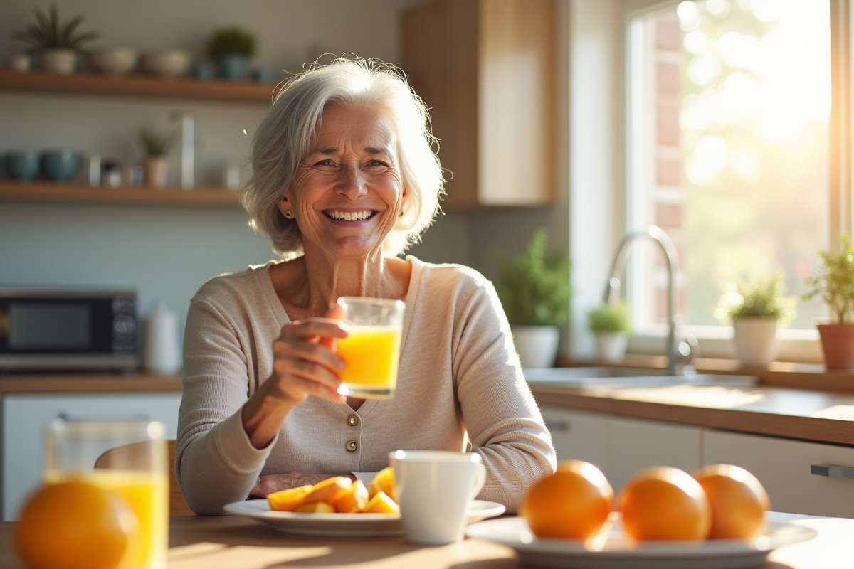 Femme senior souriante avec jus d'orange et vitamine B12