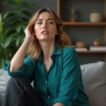 Femme en blouse teal touchant son côté dans un salon