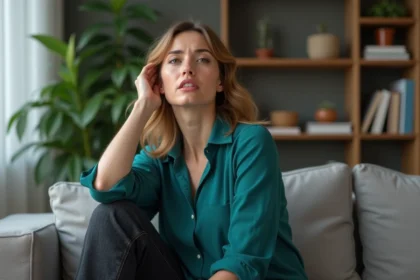 Femme en blouse teal touchant son côté dans un salon