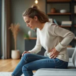 Femme assise sur un canapé en train de se faire mal au dos