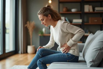 Femme assise sur un canapé en train de se faire mal au dos
