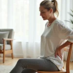 Femme d'une cinquantaine d'années soulageant une douleur sciatique en pressant sa main contre le bas du dos, assise sur une chaise en bois dans un salon chaleureux