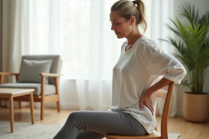Femme d'une cinquantaine d'années soulageant une douleur sciatique en pressant sa main contre le bas du dos, assise sur une chaise en bois dans un salon chaleureux