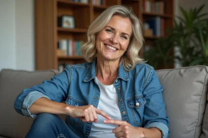 Femme souriante pointant vers son genou dans un salon