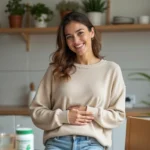 Femme souriante dans la cuisine avec supplément nutritionnel