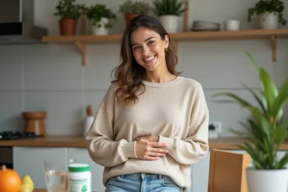 Femme souriante dans la cuisine avec supplément nutritionnel