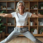 Femme d'âge moyen en tenue de sport en train de s'étirer dans son salon