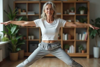 Femme d'âge moyen en tenue de sport en train de s'étirer dans son salon