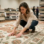 Femme examinant la texture d'un tapis fleuri en promotion dans un magasin de décoration intérieure