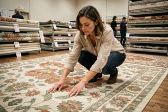 Femme examinant la texture d'un tapis fleuri en promotion dans un magasin de décoration intérieure