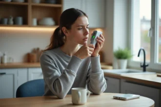 Jeune femme vérifiant sa température dans la cuisine