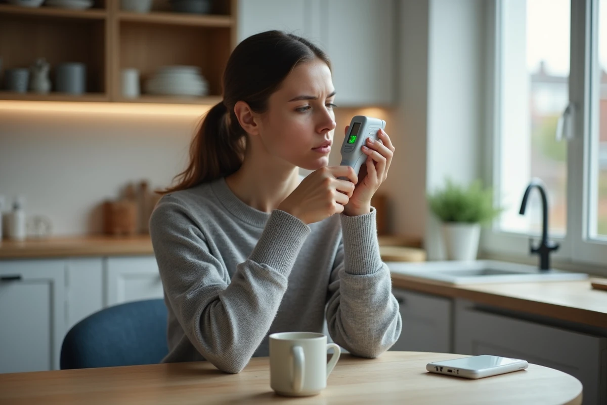 Jeune femme vérifiant sa température dans la cuisine