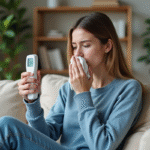 Jeune femme examine un thermometre en se sentant malade