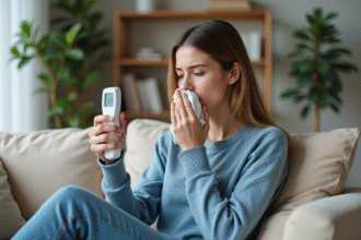 Jeune femme examine un thermometre en se sentant malade