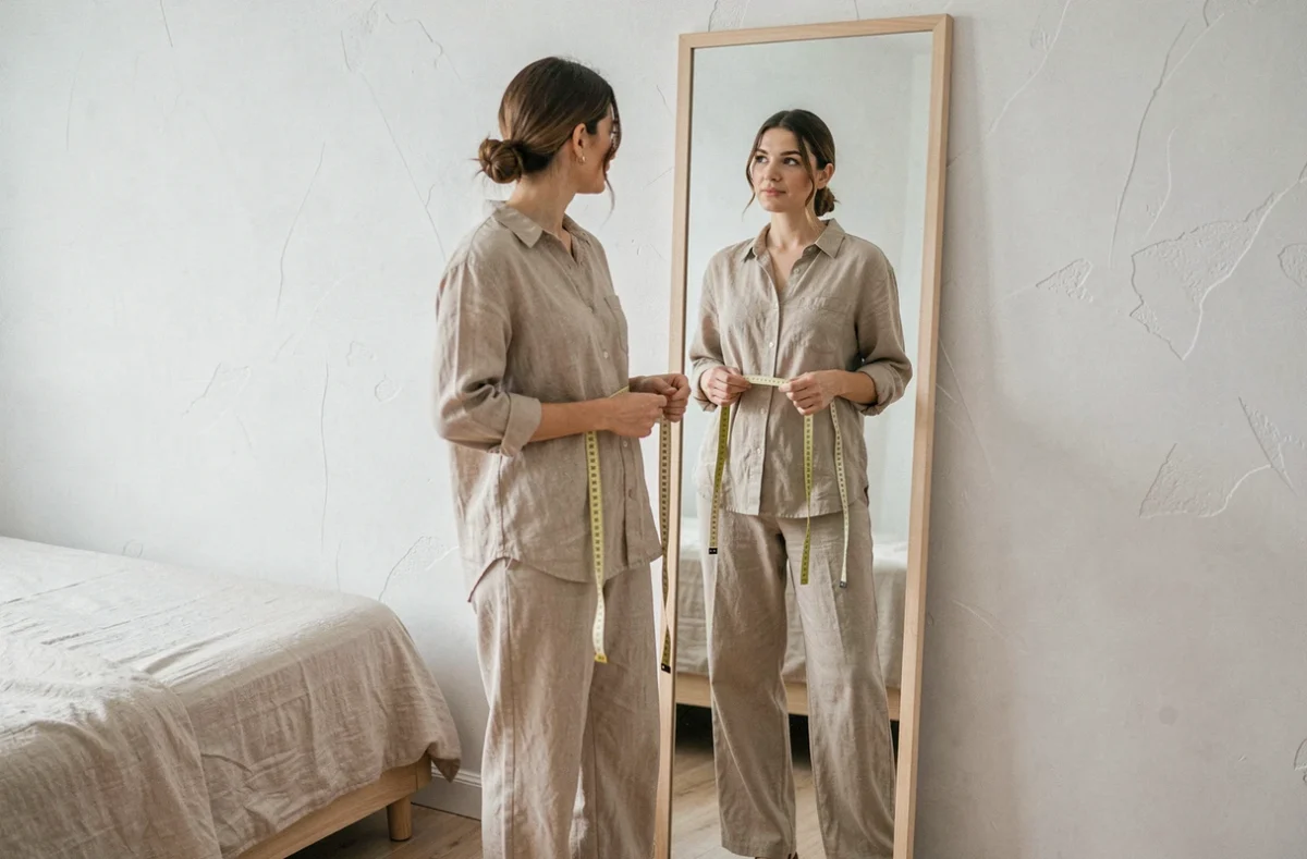 Femme observant son reflet dans un miroir en pied tout en mesurant son tour de taille dans une chambre minimaliste