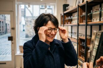 Femme souriante essayant des lunettes dans une boutique optique