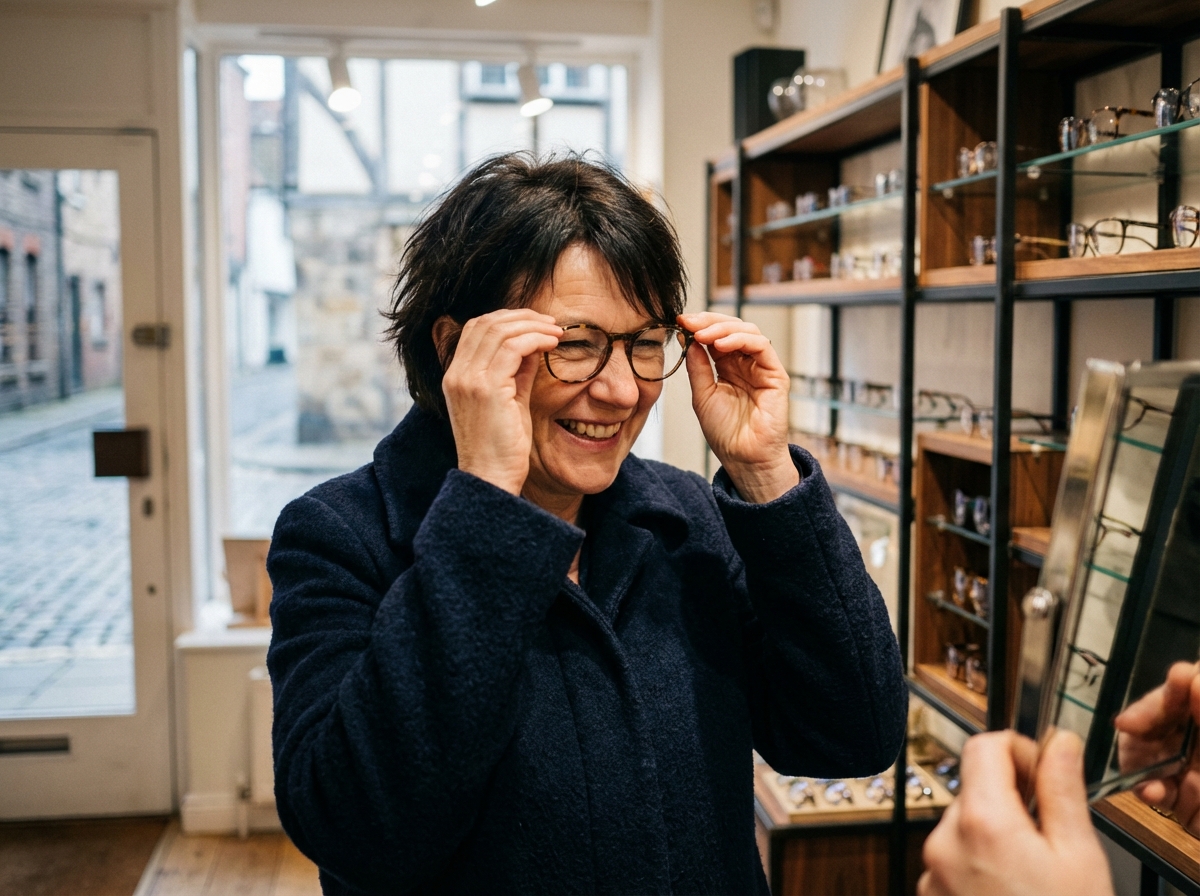 Femme souriante essayant des lunettes dans une boutique optique