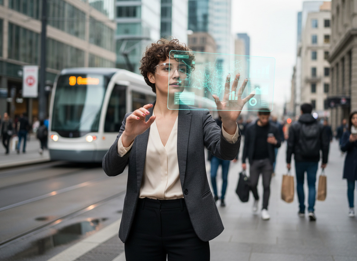 Jeune femme avec lunettes interactives dans la rue urbaine