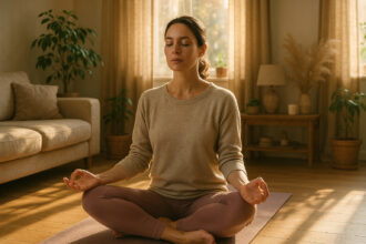 Femme détendue pratiquant le yoga dans un salon chaleureux