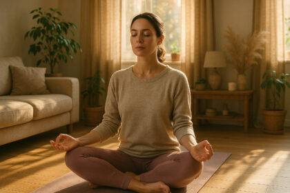Femme détendue pratiquant le yoga dans un salon chaleureux