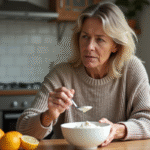Femme d'âge moyen dégustant du yaourt dans la cuisine chaleureuse