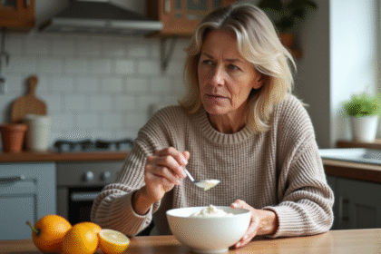 Femme d'âge moyen dégustant du yaourt dans la cuisine chaleureuse