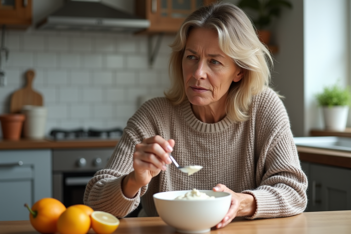 Femme d'âge moyen dégustant du yaourt dans la cuisine chaleureuse