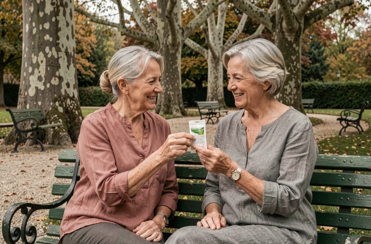 Deux femmes seniors dans un jardin public discutant d'un produit phytargile en pharmacie pour les raideurs