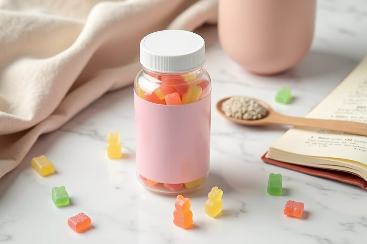 Flat lay du flacon Bears with Benefits avec des oursons gélifiés vitamines et carnet de notes, test produit