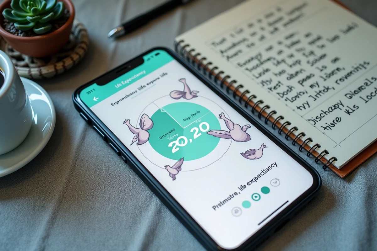 Vue aérienne d'un smartphone affichant un simulateur d'espérance de vie avec des notes manuscrites sur un bureau minimaliste