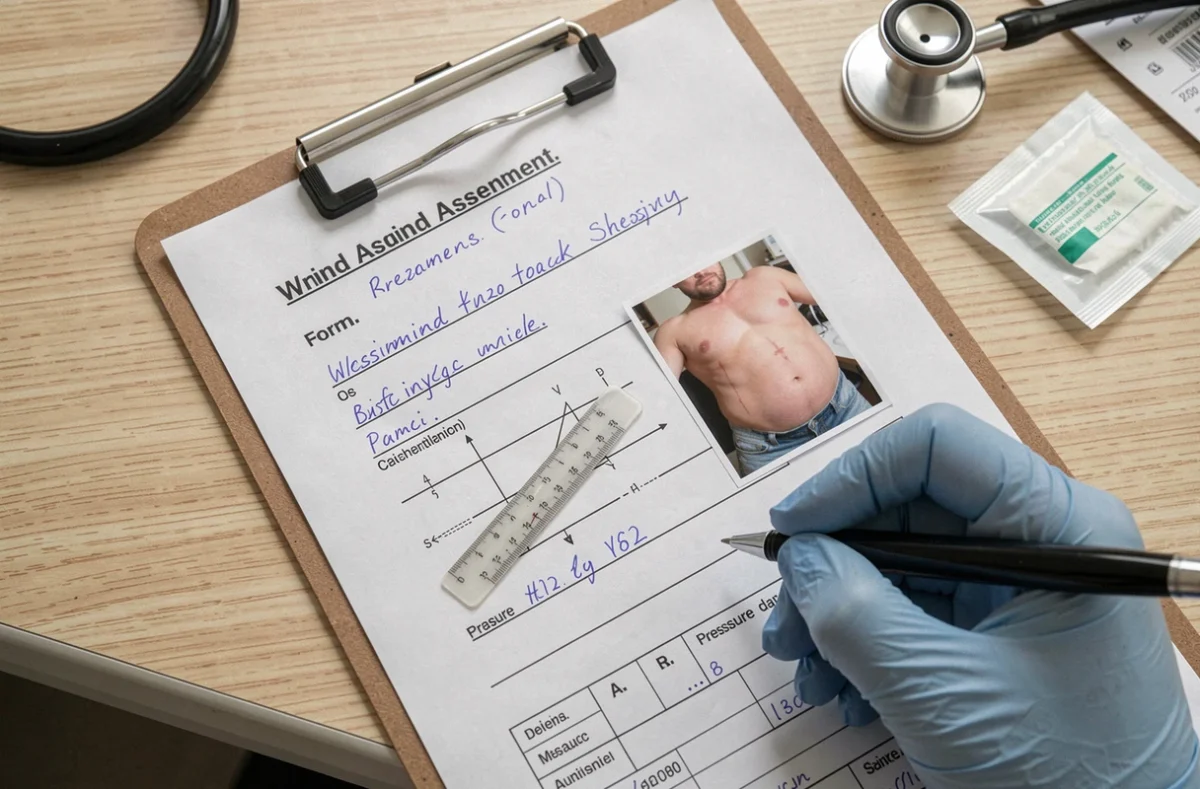 Formulaire de documentation d'escarre sacrée avec notes cliniques, règle de mesure et photographie de plaie sur une table d'hôpital