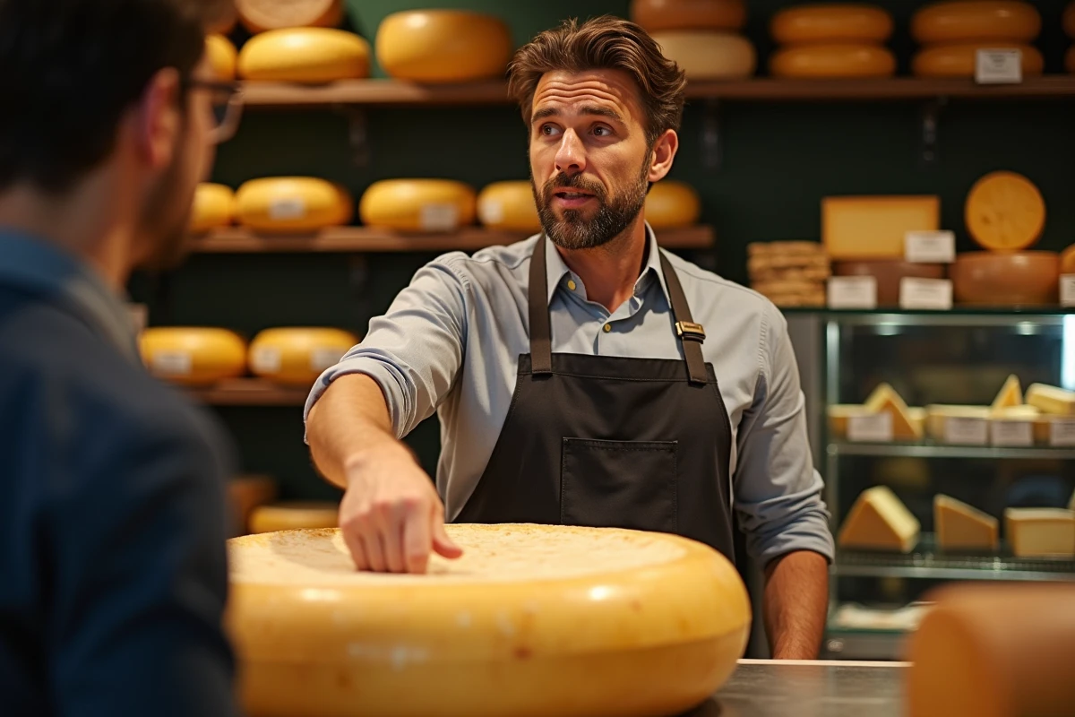 Fromager expliquant les caractéristiques d'une meule de Parmigiano-Reggiano authentique dans une épicerie spécialisée