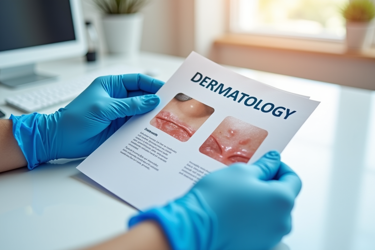 Mains en gants tenant un livret de dermatologie