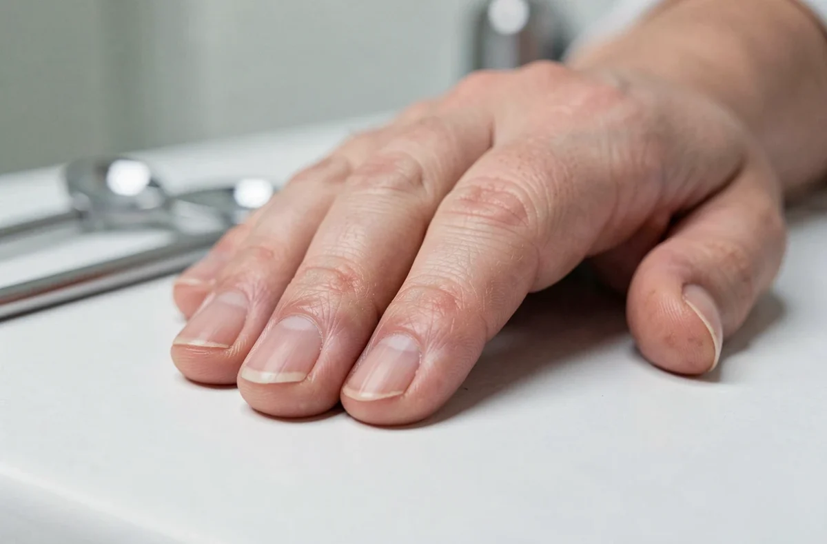 Gros plan détaillé sur un ongle humain montrant la lunule et le repli sus-unguéal dans un contexte clinique